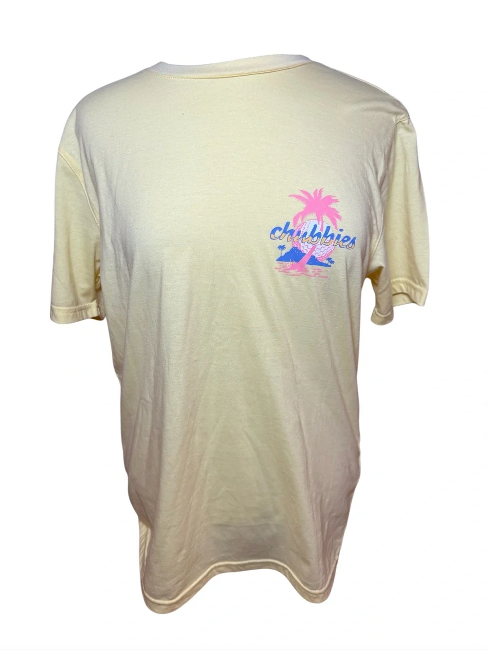 Chubbies Yellow Short Sleeve Tee with Pink & Blue Palm Tree and Golf Logo-Size M